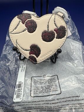 Coach Heart Bag Charm in Chalk with Cherry Print